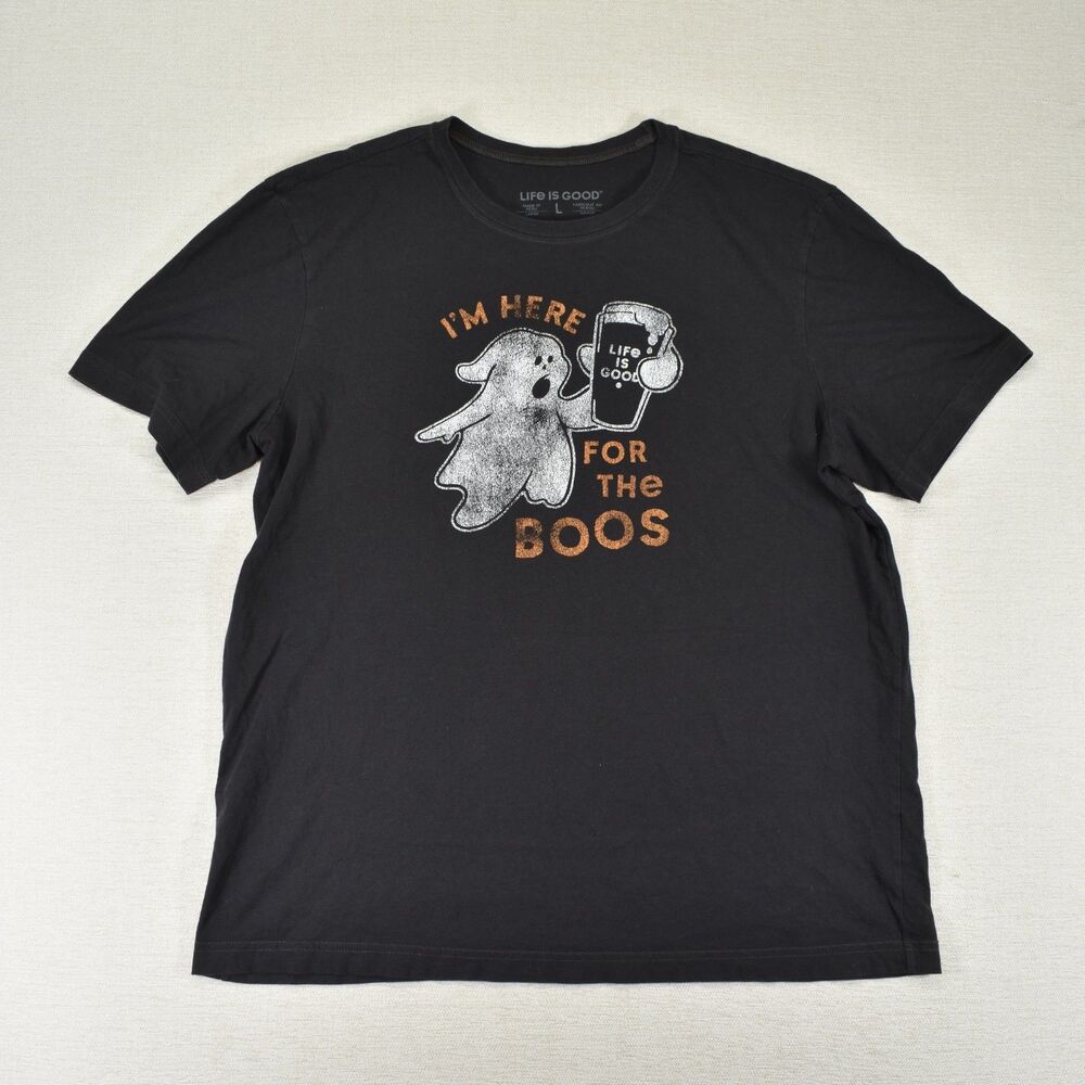 Life is Good Mens Large Halloween Ghost Shirt Im Here For The Boos Black Beer